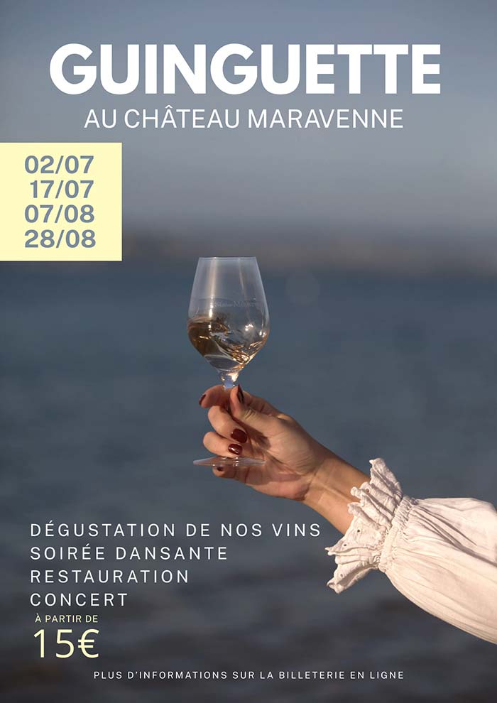 Soirée guinguette au Château Maravenne avec musique live, restauration et dégustation de vins face à la mer