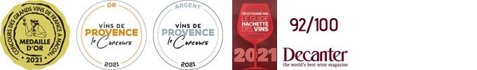 Concours de Grands Vins de France de Mâcon : médaille d’Or
Concours des vins de Provence : Médaille d’Or & d’Argent
Concours général Agricole de Paris : annulé cette année.
Guide Hachette des Vins 2021
Decanter : 92/100